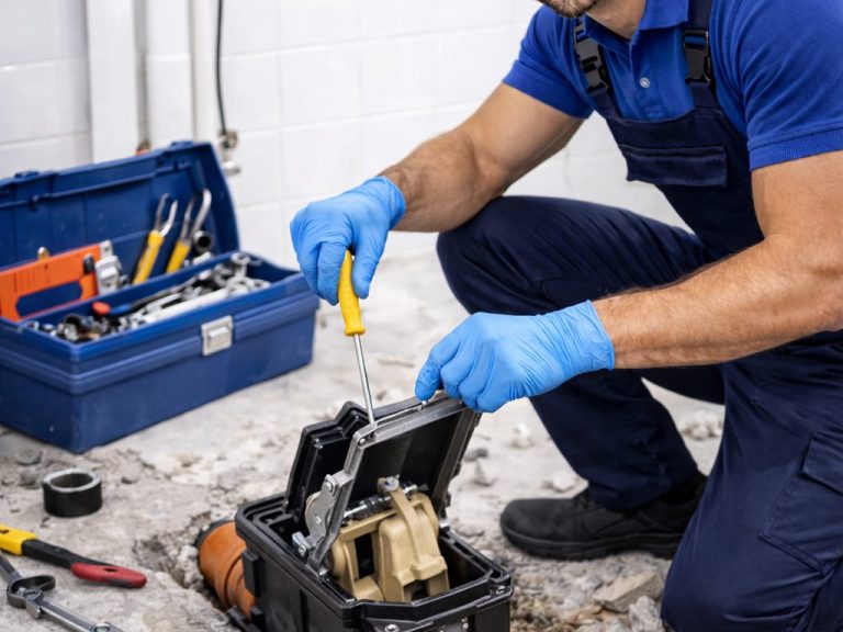 Überprüfung einer Rückstauklappe mit sichtbarer Mechanik