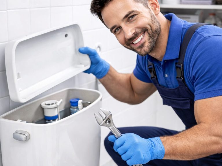 Spülkastenreparatur: Überprüfung des geöffneten Spülkastens mit Werkzeug