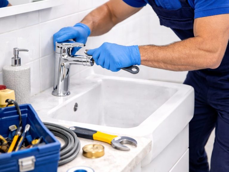 Werkzeug am Waschbecken zur Überprüfung eines Wasserhahns.